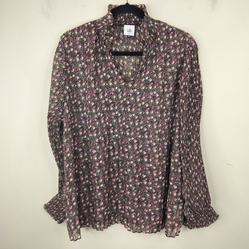 Cabi Pleated Floral Blouse Medium 2952 Ruffle Neck Smocked Cuff Oversized